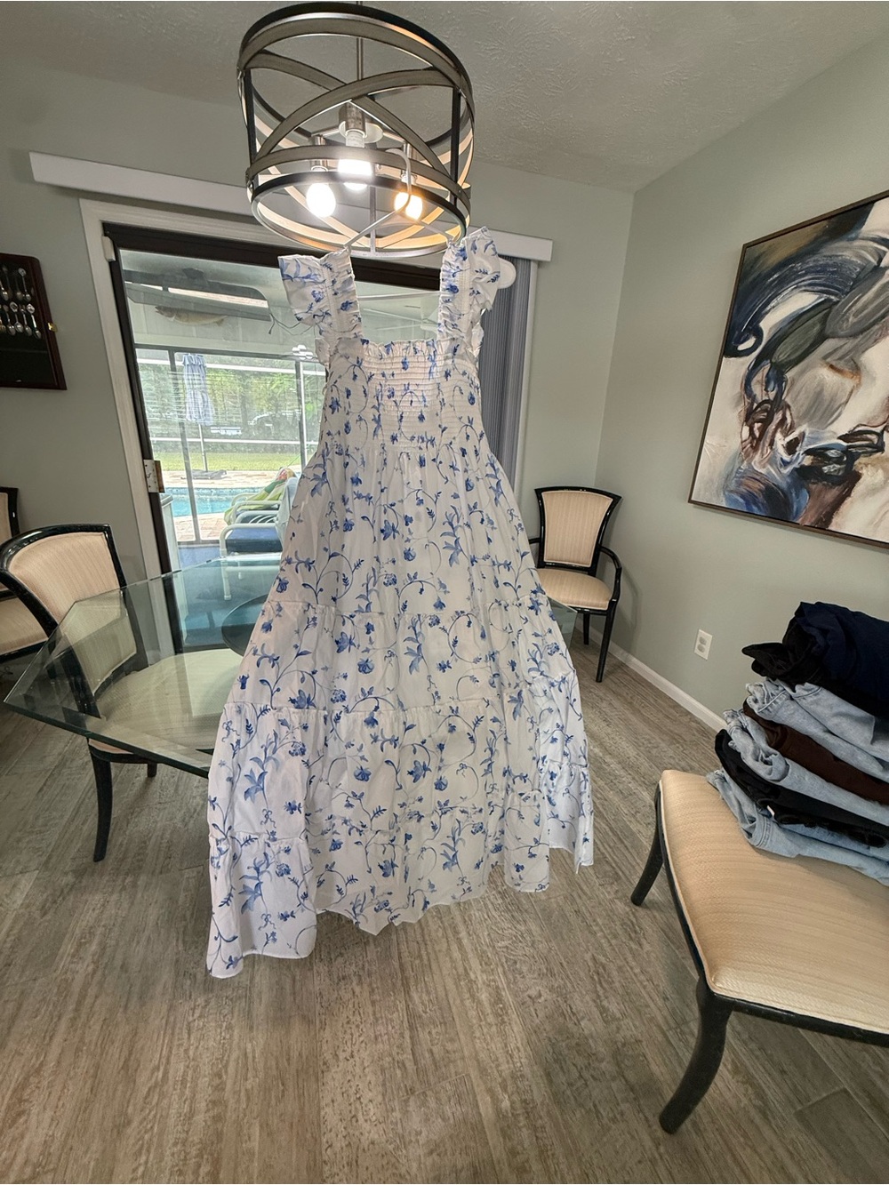 Hill House White Sundress with Blue Floral Print and Ruffle Straps